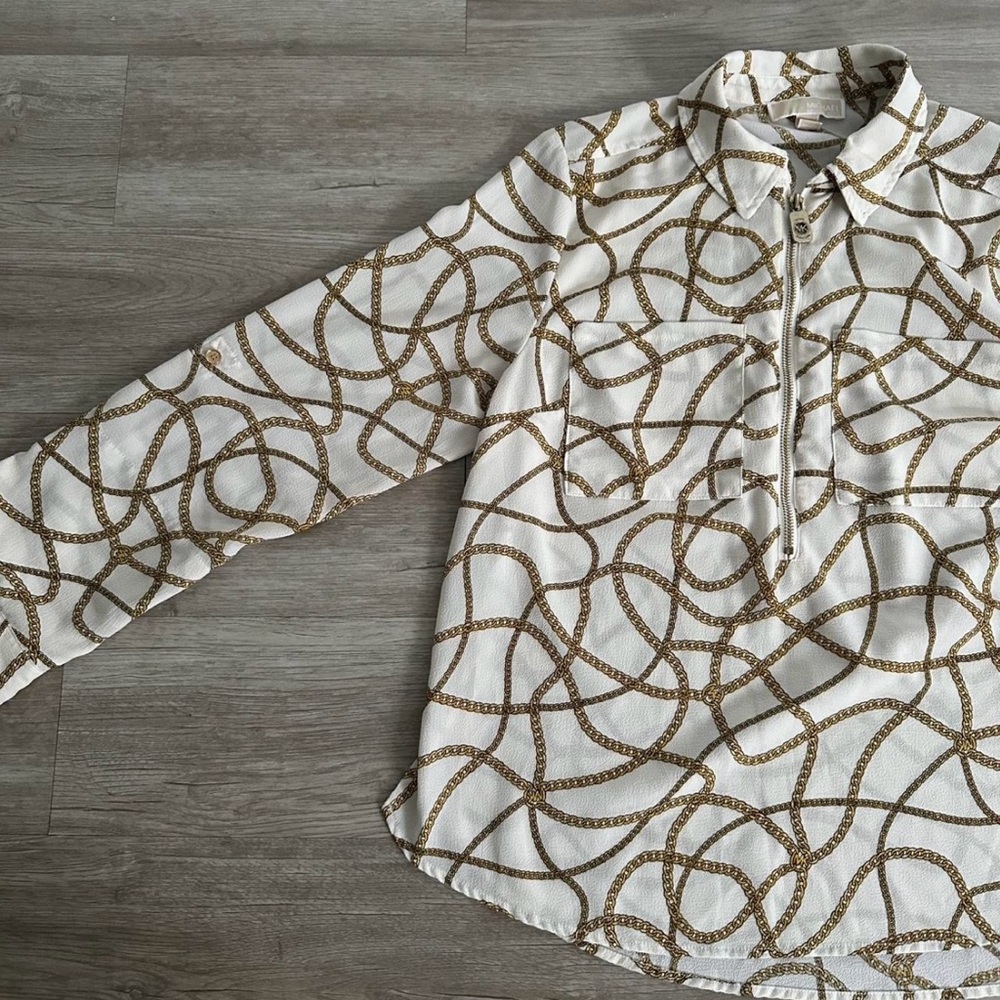 Michael Kors Gold Chain Print Zip Blouse White Long Sleeve Top, Size L - Picture 4 of 7